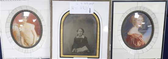 A pair of miniatures and a daguerreotype, largest 10 x 8cm